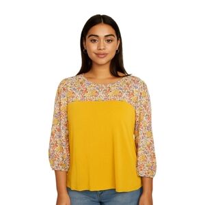 Emi & Joe Floral Mesh Stretch Top 3/4 Sleeves Cottagecore Size Small Yellow
